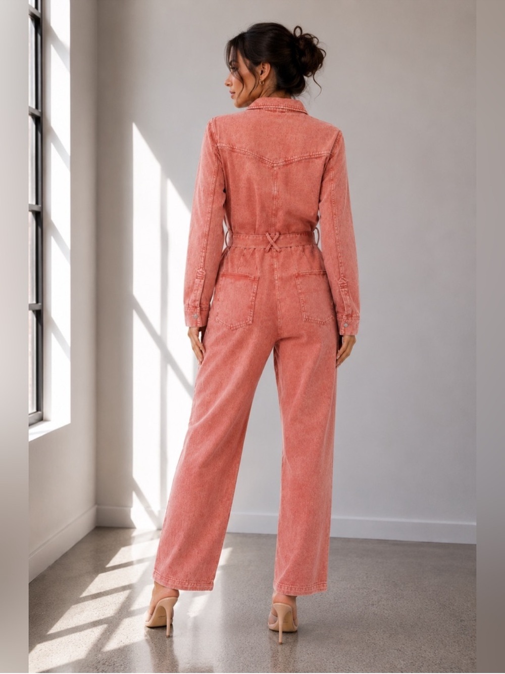 Coral Washed Denim Button-Up Utility  S Jumpsuit Belted 100% Cotton - Picture 9 of 11